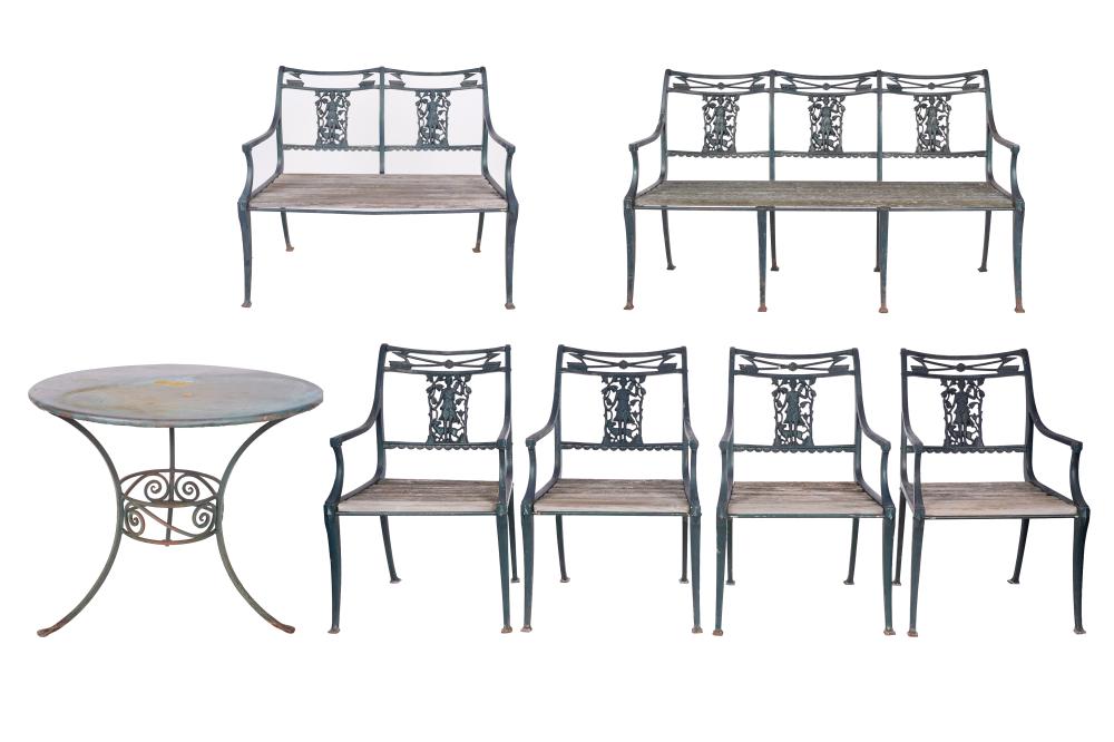 Appraisal: BLACK-PAINTED IRON PATIO SUITEcomprising a triple-back settee inches wide inches