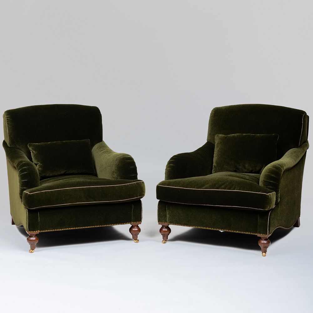 Appraisal: Pair of Green Mohair Upholstered Club Chairs A Schneller Sons