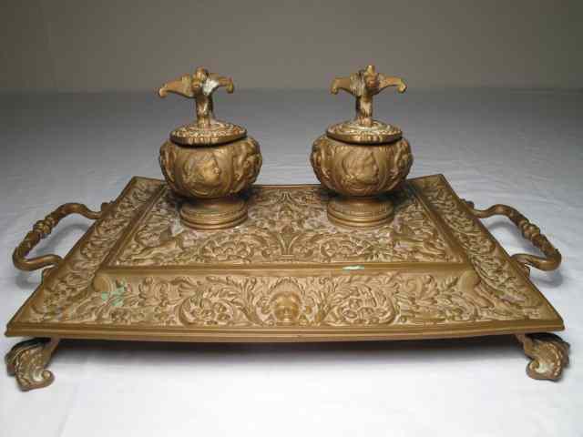 Appraisal: Antique brass or bronze footed inkstand with two handles decorated