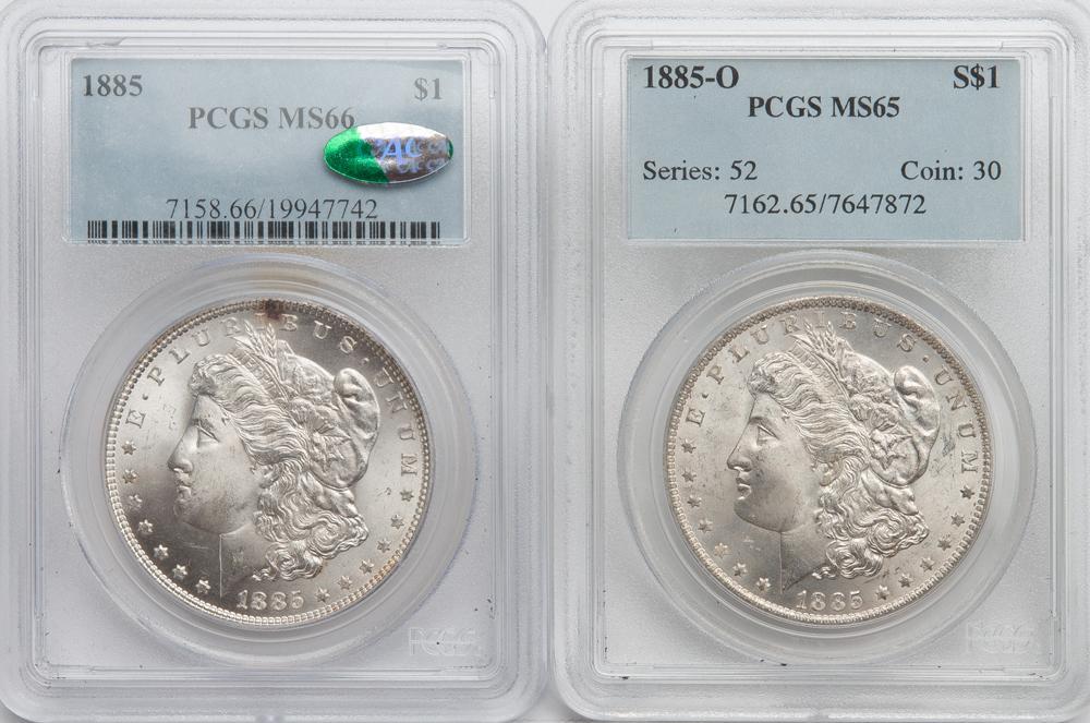 Appraisal: PCGS GRADED MORGANS MS -O MS Two Morgan silver dollars