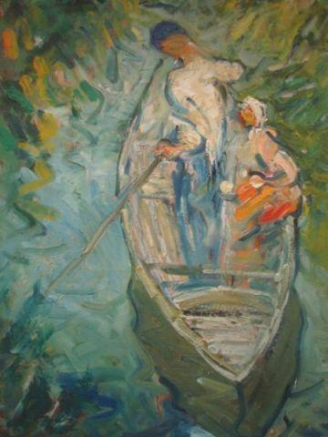 Appraisal: BERTRAM Abel Oil in Panel of Lovers in Boat Signed