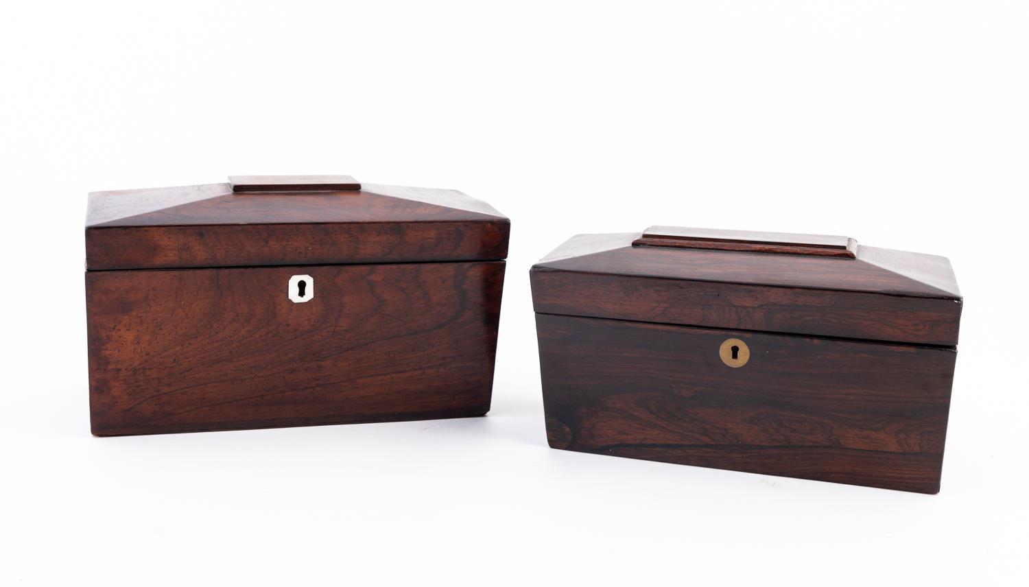 Appraisal: TWO TH C ROSEWOOD SARCOPHAGUS FORM TEA CADDIES English th