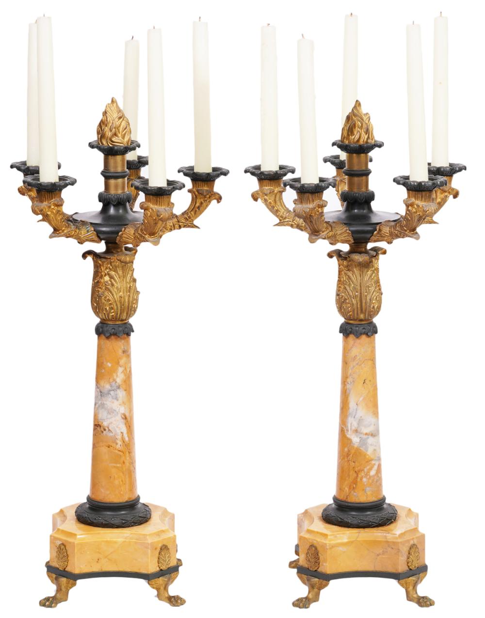 Appraisal: PR EMPIRE SIENNA MARBLE MORE BRONZE CANDELABRASPair of empire Sienna