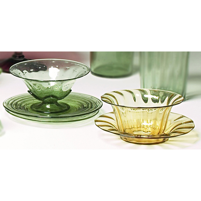 Appraisal: Steuben bowl and two plates green glass with applied leaves