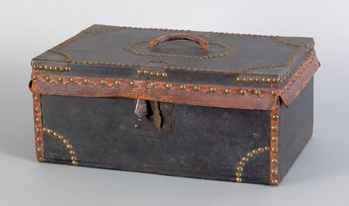 Appraisal: Leather and tack covered lock box th c bearing the