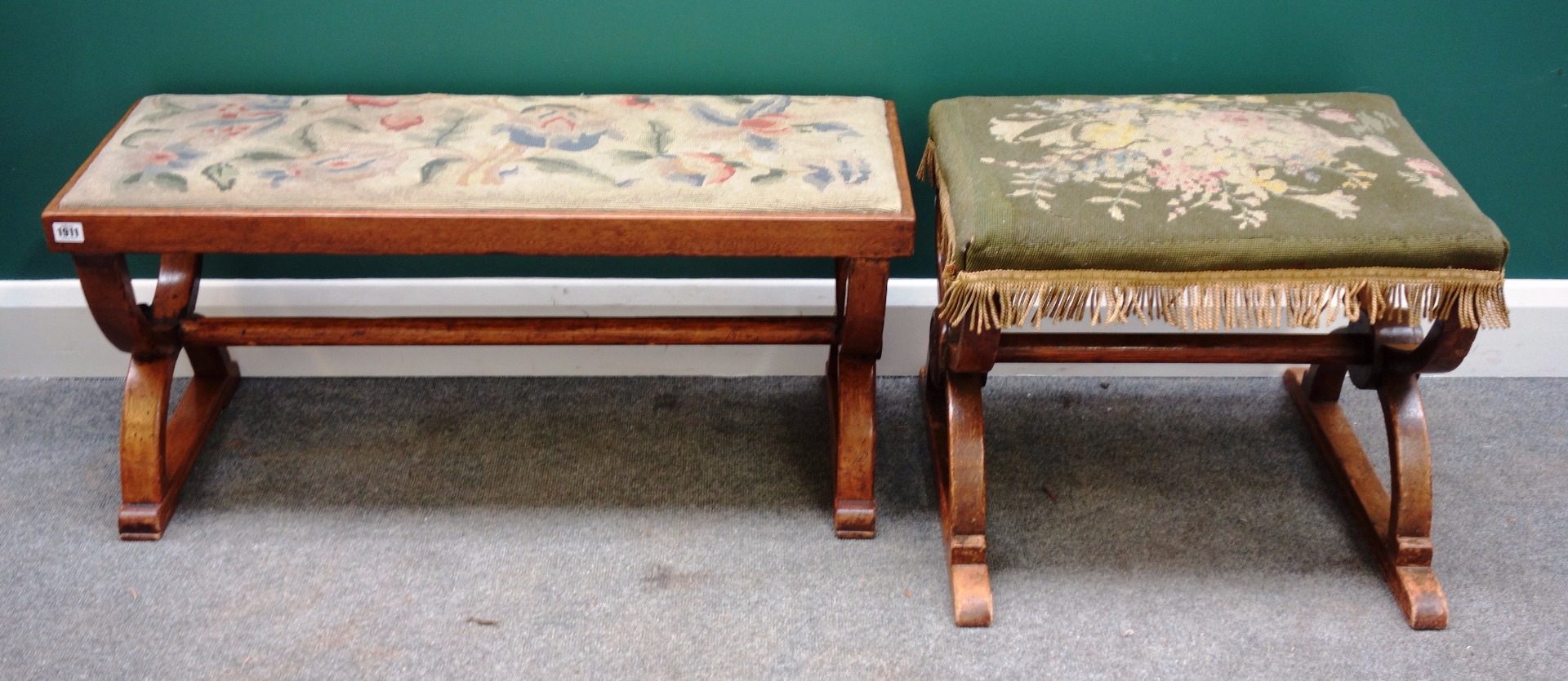 Appraisal: An early th century oak framed rectangular stool on 'X'