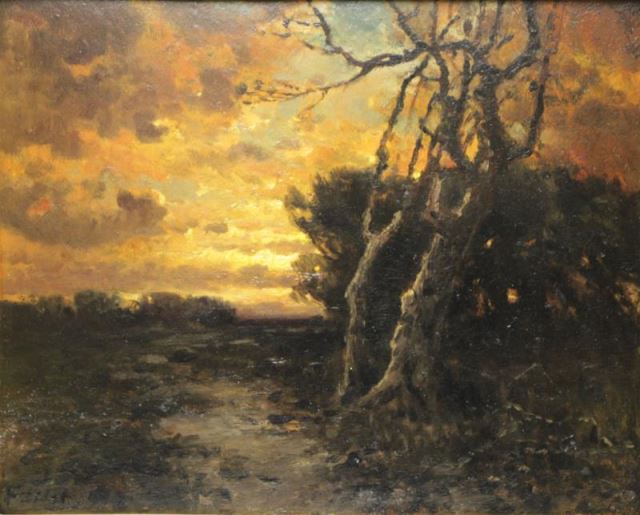 Appraisal: Signed Late th C Oil on Board Landscape atDusk Indistinctly