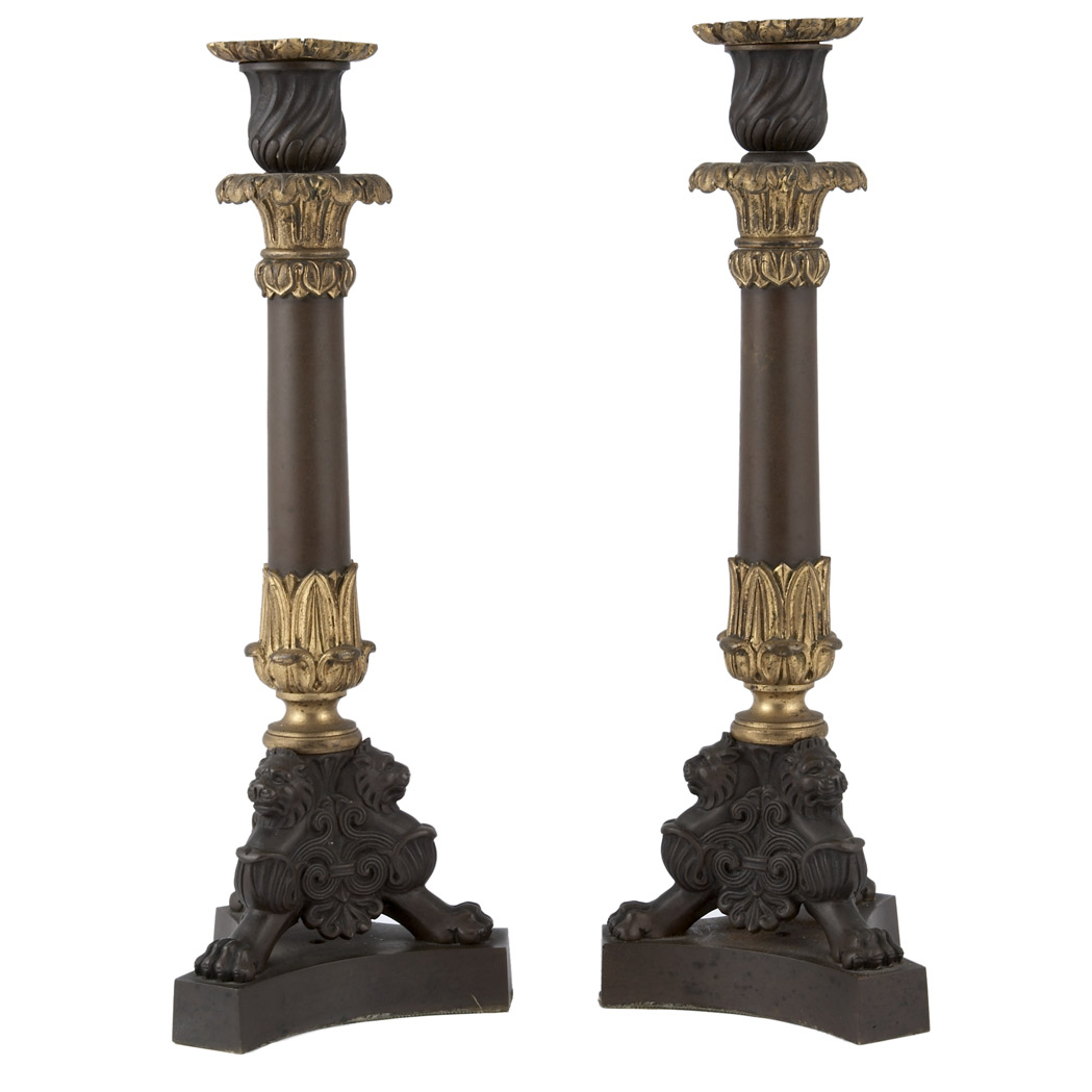 Appraisal: Pair of Empire Gilt and Patinated-Bronze Candlesticks th Century Each