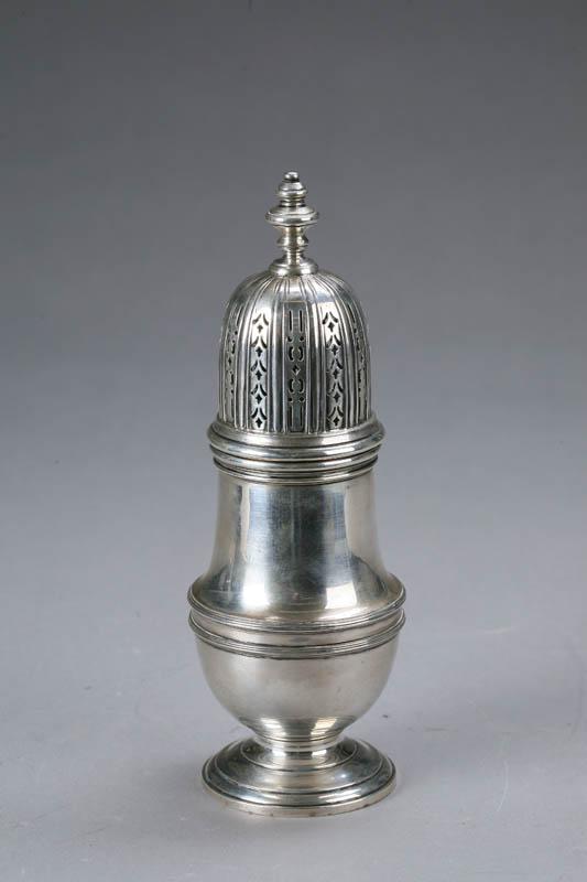 Appraisal: STERLING MUFFINEER Balauster form with a stepped base and ornate