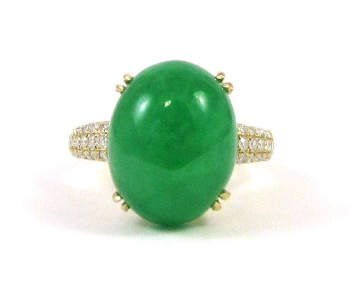 Appraisal: JADE DIAMOND AND FOURTEEN KARAT GOLD RING with round-cut diamonds