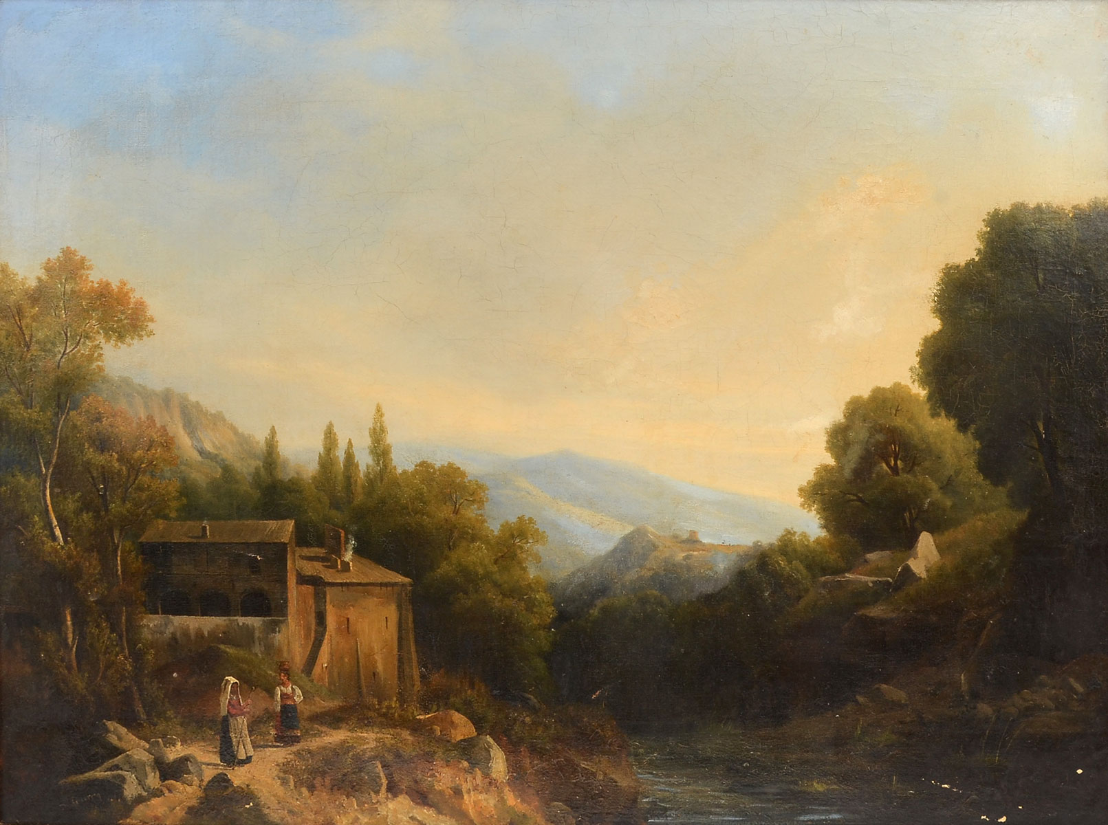 Appraisal: FINE ILLEGIBLY SIGNED ITALIANATE LANDSCAPE PAINTING Depicts Country River View