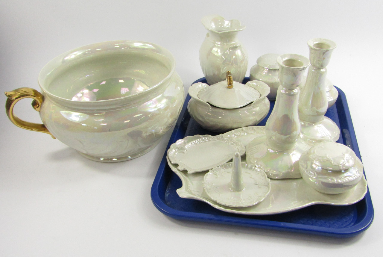 Appraisal: A Shelley Porcelain pearl lustre dressing table set comprising three