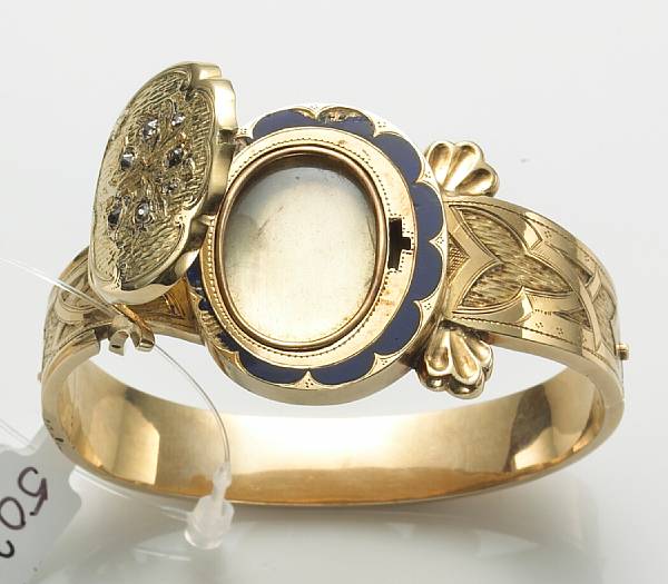 Appraisal: A Victorian enamel diamond and k gold locket bangle bracelet