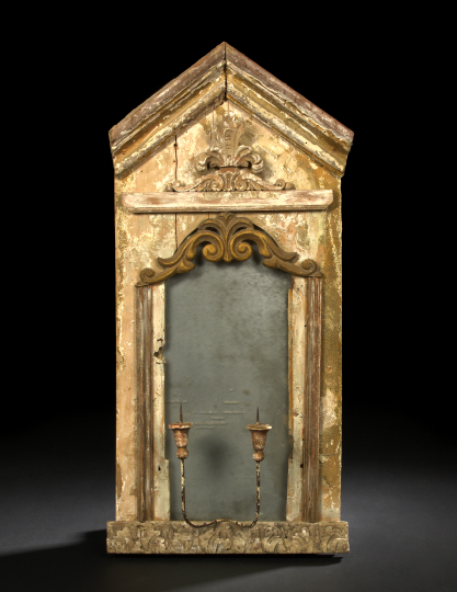 Appraisal: Assembled French Carved Parcel-Gilt and Weathered White-Painted Gabled Wooden Girandole