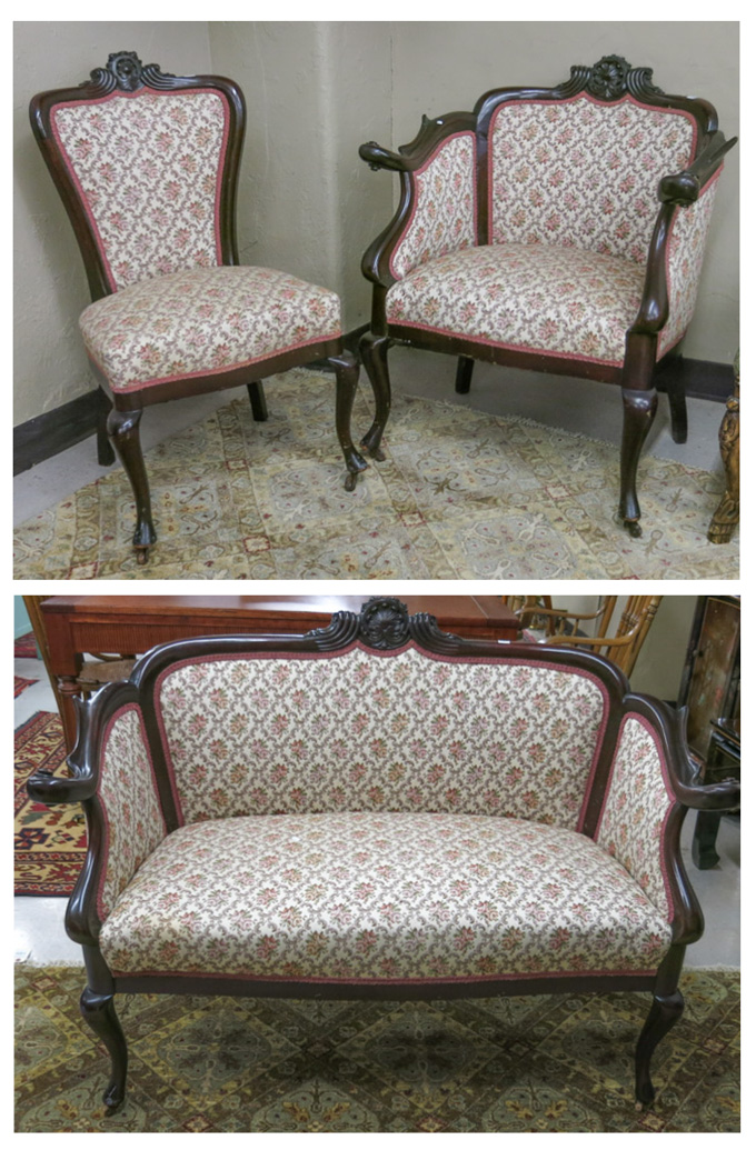 Appraisal: THREE-PIECE SEATING FURNITURE SET American c the upholstered mahogany set