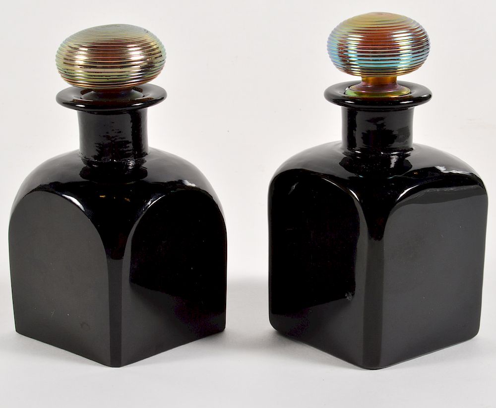 Appraisal: Steuben Mirror Black Glass Perfume Bottles Steuben perfume bottles with