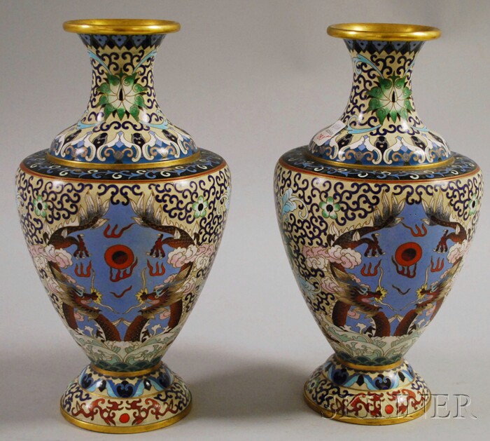 Appraisal: Pair of Chinese Cloisonne Vases th century ht in