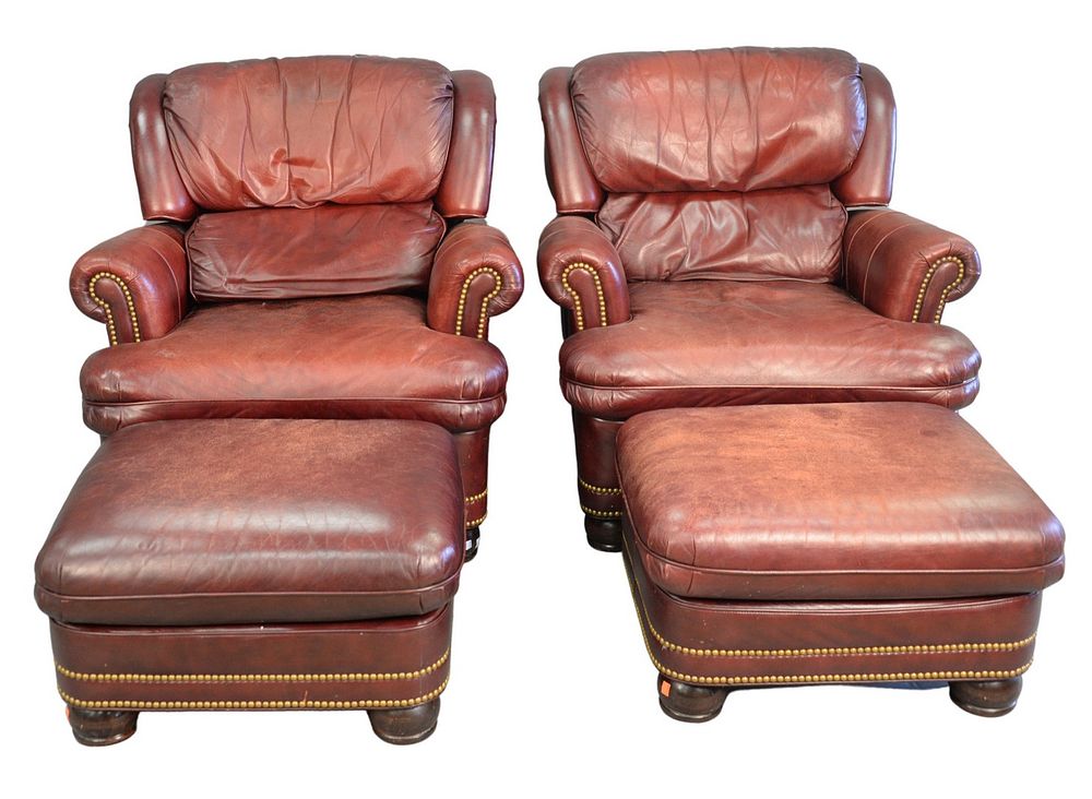 Appraisal: Pair of Hancock and Moore Leather Easy Chairs with Ottomans