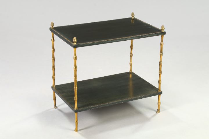 Appraisal: Ebonized and Brass-Mounted Two-Tier Side Table the top shelf supported