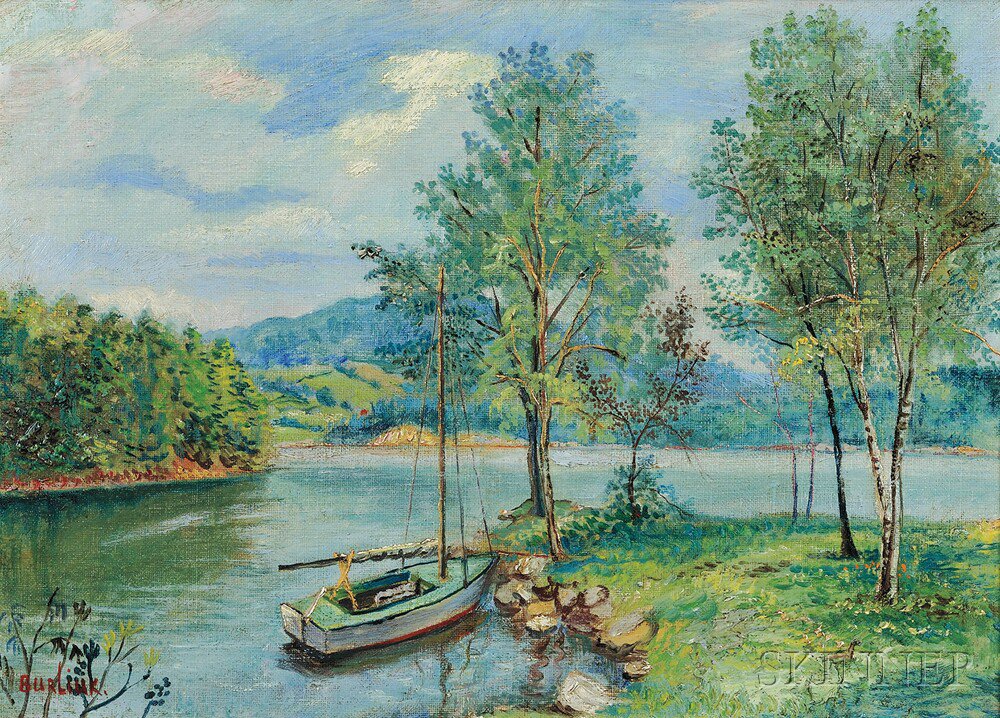 Appraisal: David Davidovich Burliuk Russian American - Lake Scene with Boat