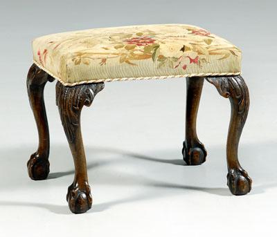 Appraisal: Chippendale style upholstered stool mahogany with acanthus-carved knees and ball-and-claw