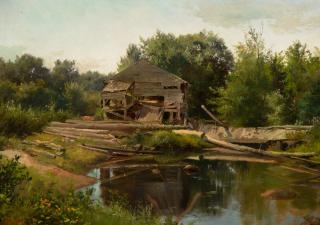 Appraisal: ALBERT BIERSTADT - Old Mill oil on paper laid on