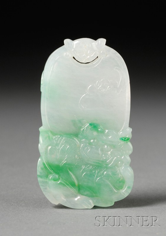 Appraisal: Jade Pendant pale green with apple green markings surface carved