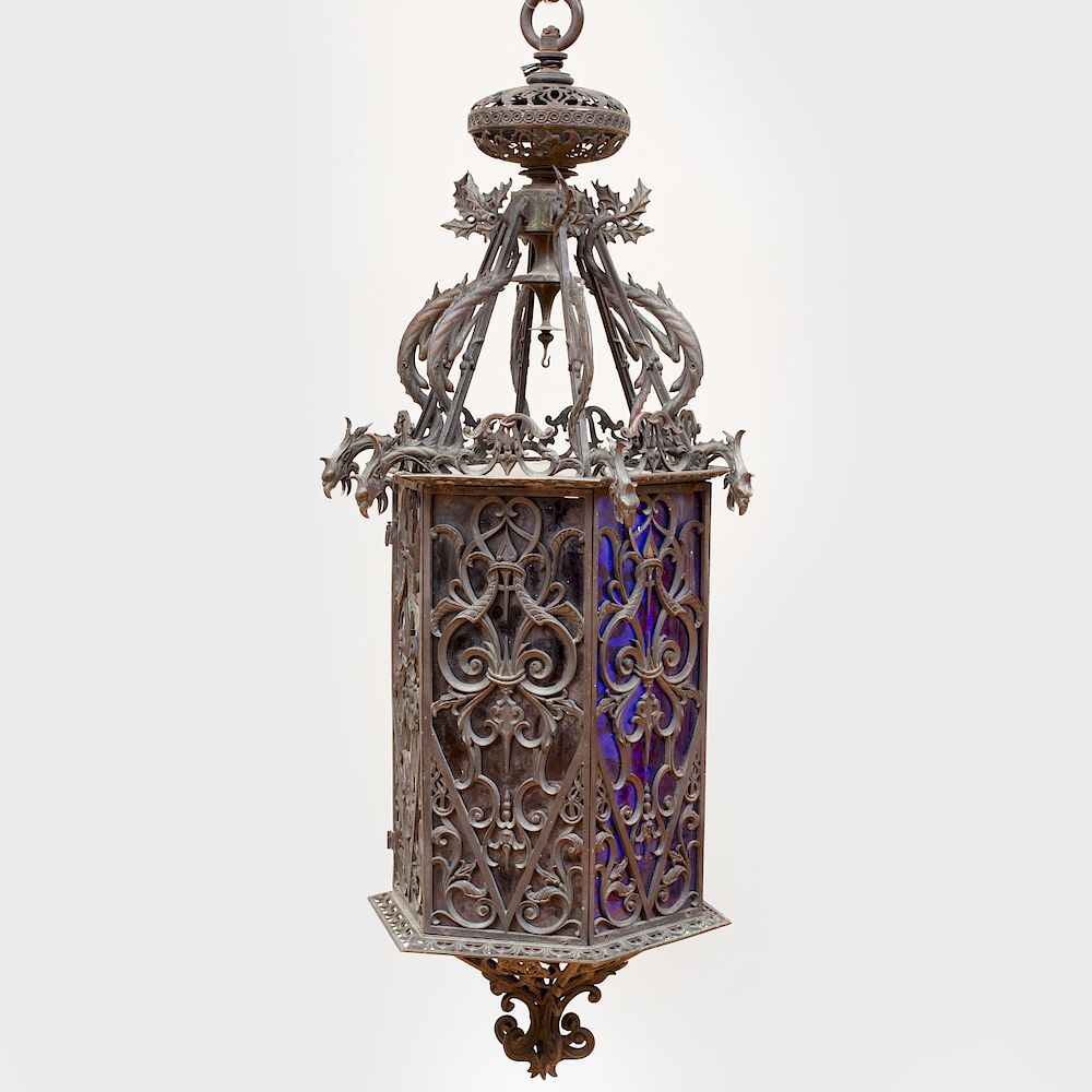 Appraisal: Large Victorian Bronze and Glass Hexagonal-Shaped Lantern Possibly Italian Fitted