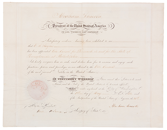 Appraisal: WAR DATED APPOINTMENT LINCOLN ABRAHAM Partly-printed Document Signed as President