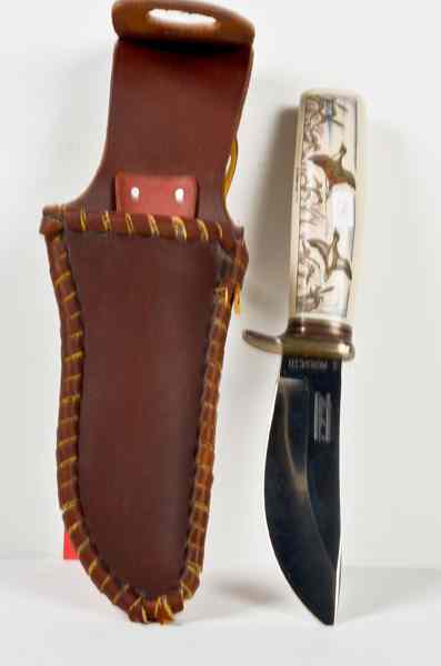 Appraisal: Custom Sheath Knife by S Morseth Ivory scrimshaw handle ''