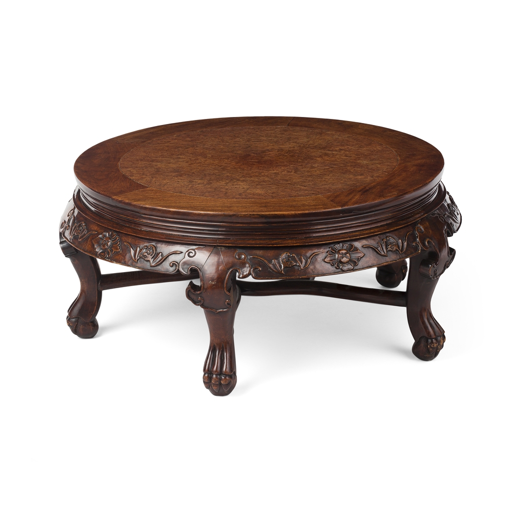 Appraisal: BURRWOOD AND HONGMU LOW TABLE AND FOUR STOOLS LATE QING