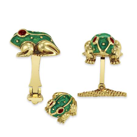 Appraisal: Pair of Gold and Green Enamel Frog Cufflinks and Tie