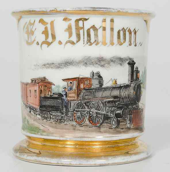 Appraisal: Train Engineer's Occupational Shaving Mug Porcelain with polychrome painted scene