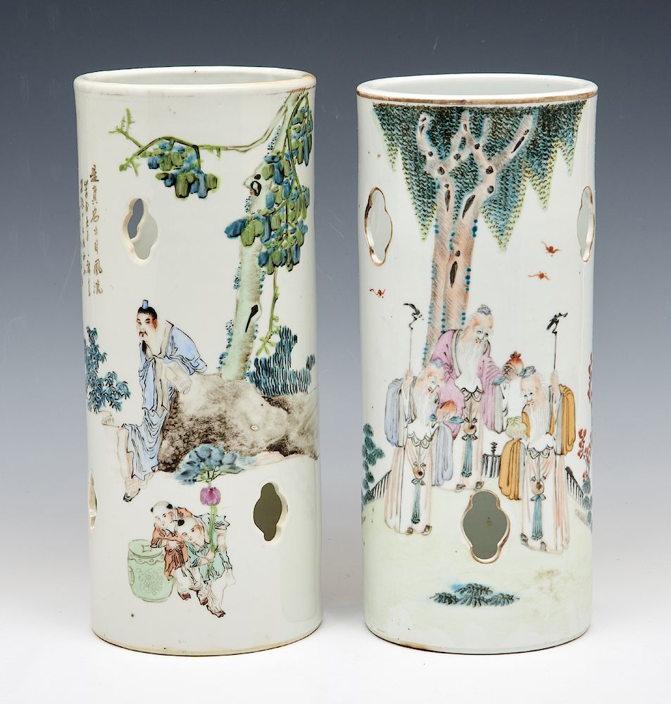 Appraisal: Pair of Chinese porcelain hat stands w immortal scenes Pair