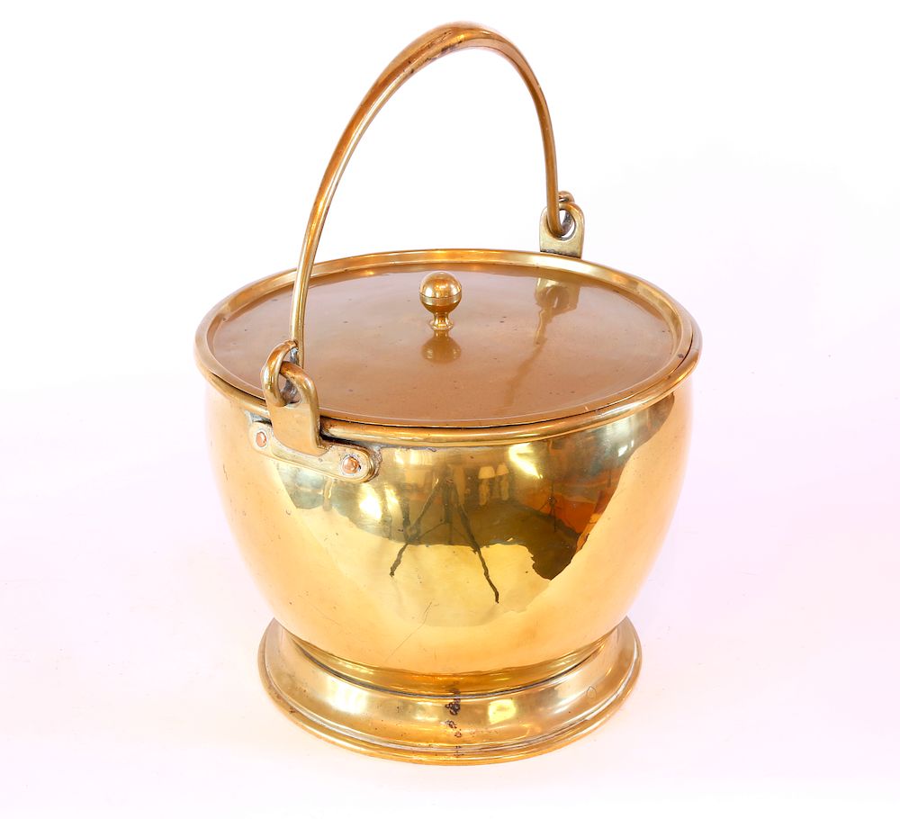 Appraisal: English Brass Round Covered Ash Bucket Exclusive on Bidsquare English