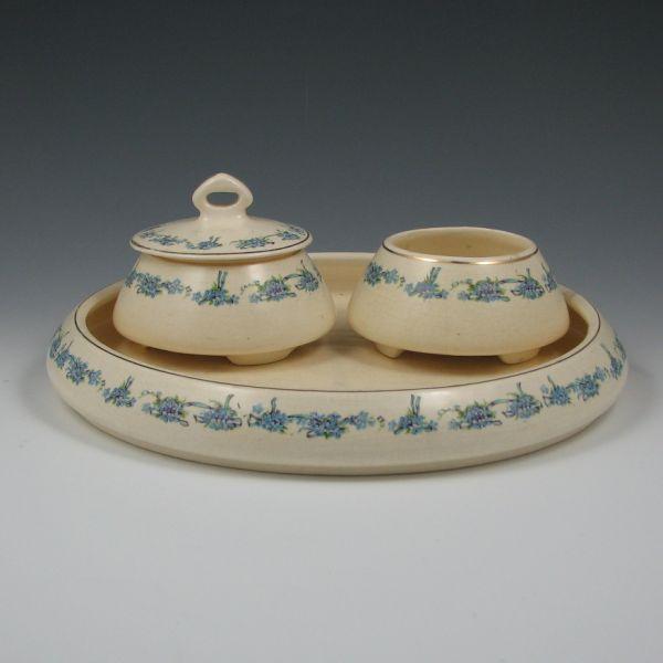 Appraisal: Uncommon Roseville Creamware Forget-Me-Not dresser set with tray lidded powder