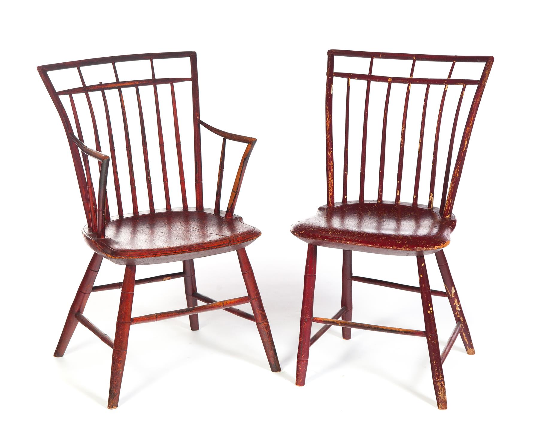 Appraisal: TWO AMERICAN BIRD CAGE WINDSOR CHAIRS Nineteenth century Old red