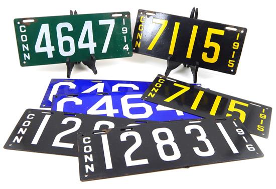 Appraisal: Early th C Connecticut state enameled metal license plates -