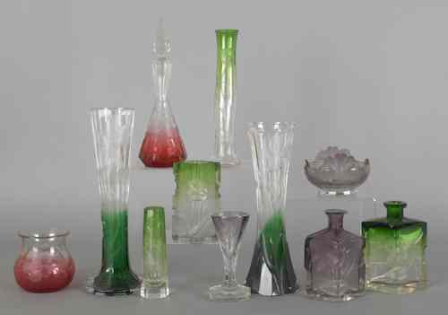 Appraisal: Collection of etched art glass eleven pcs tallest -