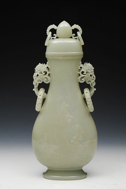 Appraisal: A CHINESE PALE CELADON JADE VASE and cover of flattened