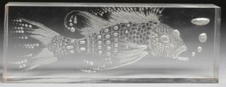 Appraisal: Clear Acrylic Cube Depicting a Lancetfish The fanged swimmer shallowly