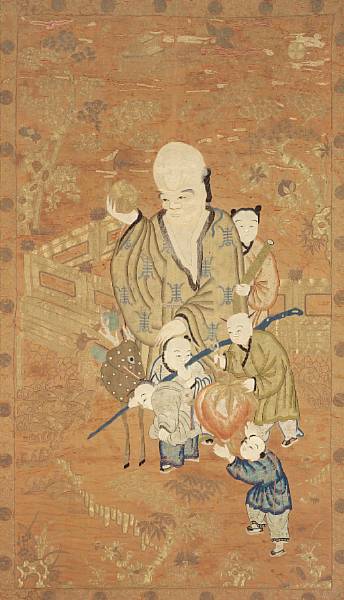 Appraisal: An embroidered silk panel of Shoulao and young attendants Late