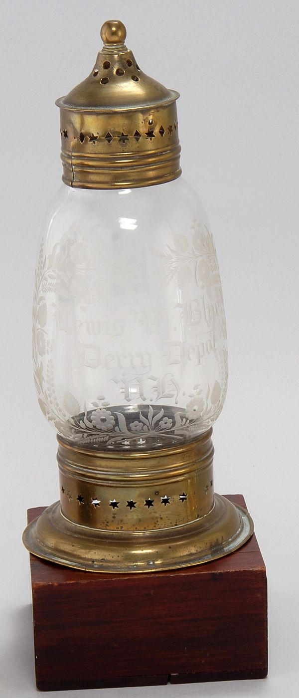 Appraisal: BRASS LANTERN American th CenturyWith clear glass globe engraved with