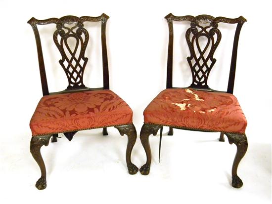 Appraisal: Pair of Chippendale style side chairs carved ears carved crest