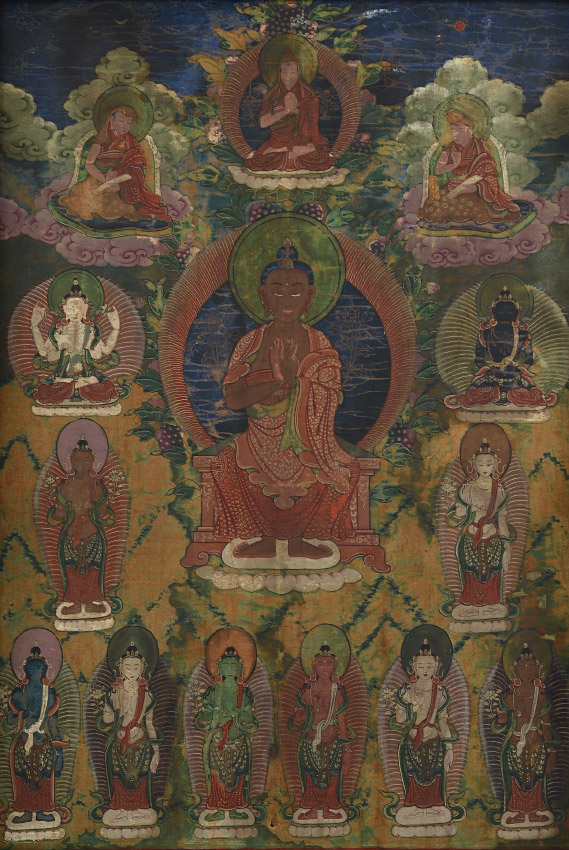 Appraisal: FINE EARLY TIBETAN THANGKA Scene Depicts Deities image size measures