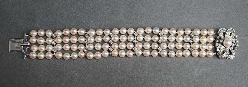 Appraisal: -KARAT WHITE-GOLD DIAMOND AND CULTURED PEARL FOUR-STRAND BRACELET L IN