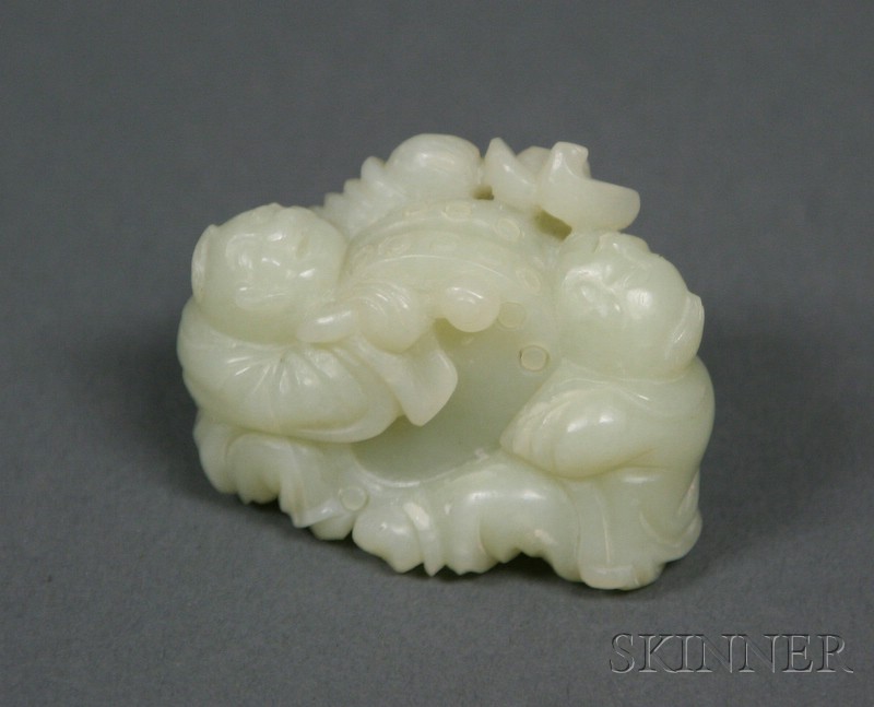 Appraisal: Jade Carving pale celadon green stone carving of a pair