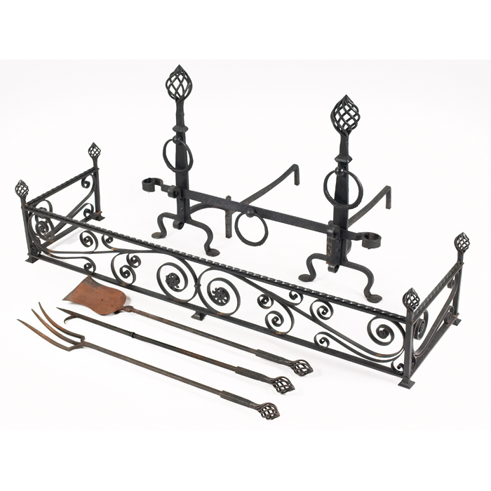 Appraisal: Arts and Crafts fireplace set includesthree tools andiron set and