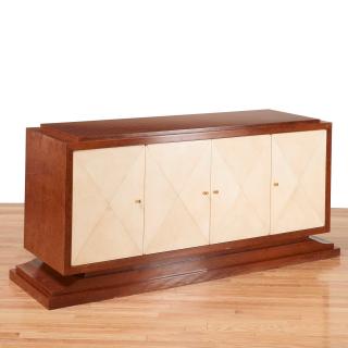 Appraisal: Jules Leleu style parchment fronted sideboard Jules Leleu style parchment