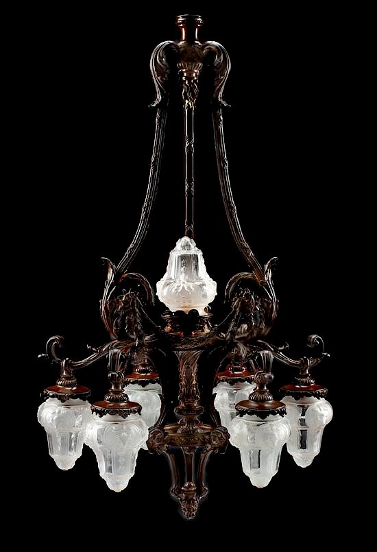 Appraisal: An American Neoclassical Patinated Bronze and Frosted Glass Chandelier Height